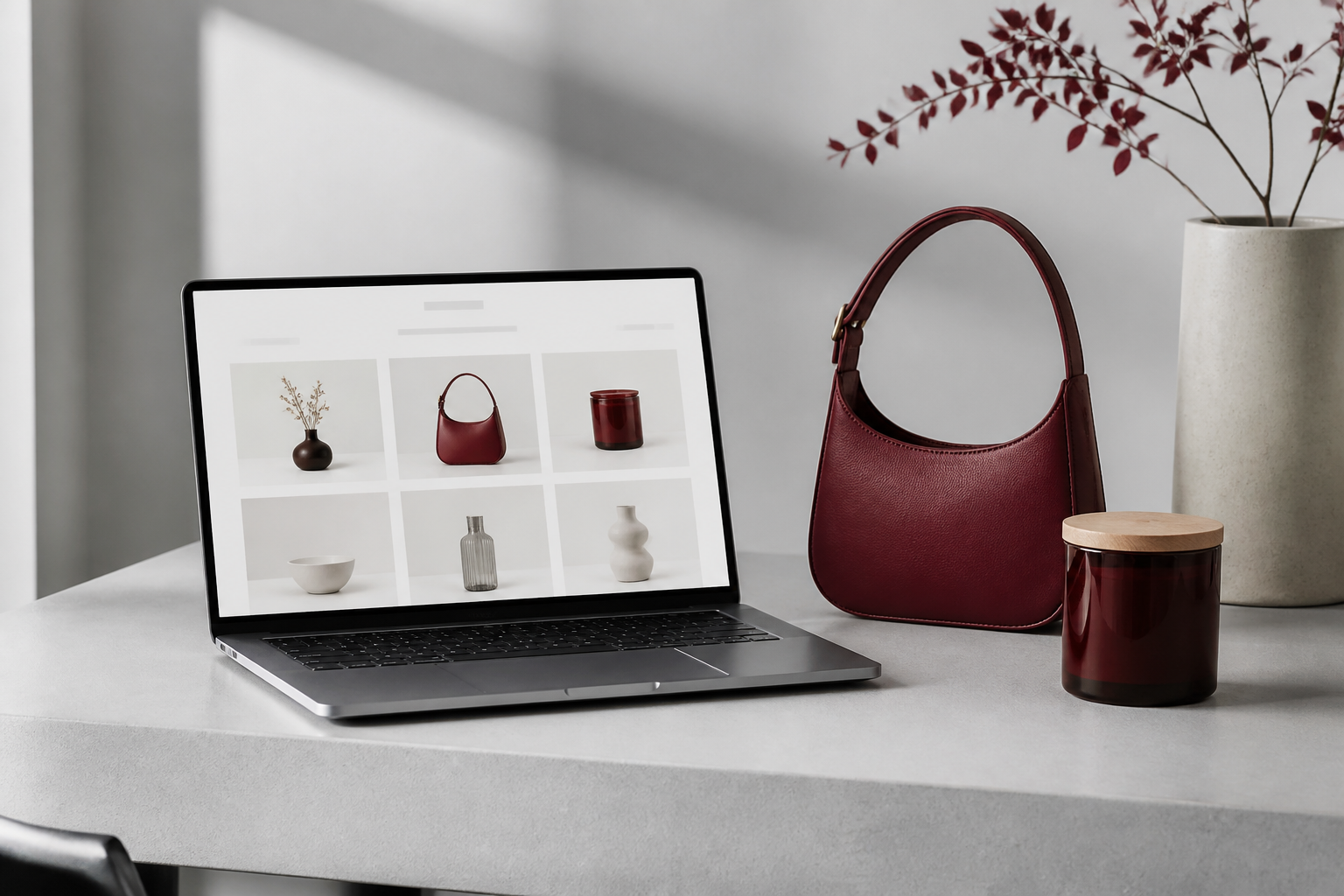Boutique products displayed beside an online storefront